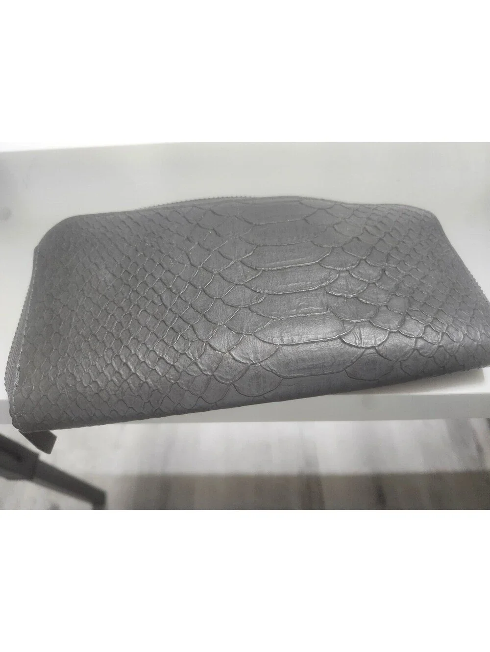 Gray Faux Leather Zip-Around Wallet with Snake Texture